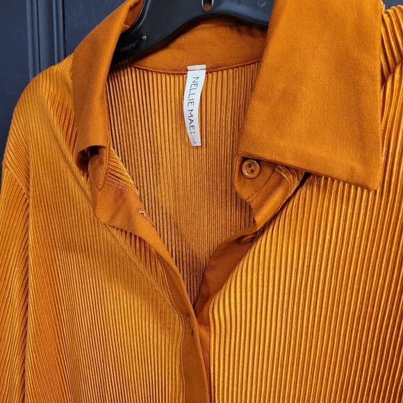 Accordian Pleated Button-Down Shirt, Rust Orange, NWOT - Picture 3 of 4
